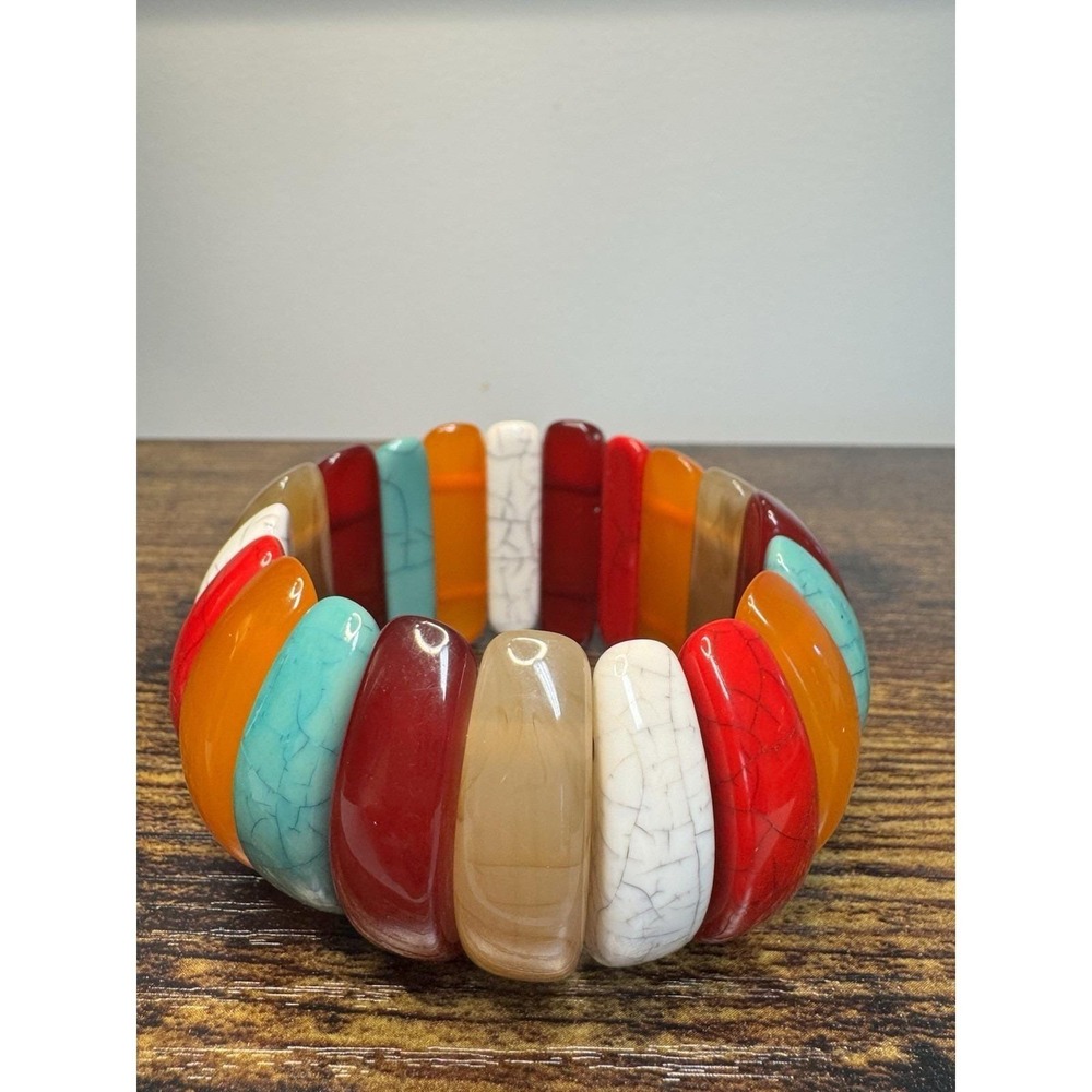 VTG Multicolored Lucite Panel Stretch Bracelet Western Boho Chunky Statement‎